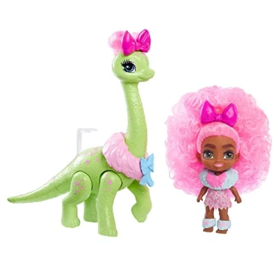 Bild av Cave Club Tots Diva Tot docka (ungefär 3,5 tum) liten med dinosaurie och lockigt rosa hår, bärkläder tillbehör