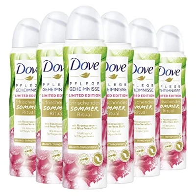 Bild av Dove Care hemligheter Deodorant Spray uppfriskande sommar ritual anti perspirant begränsad utgåva med rosenvatten och aloe vera doft 150 ml 6 stycken