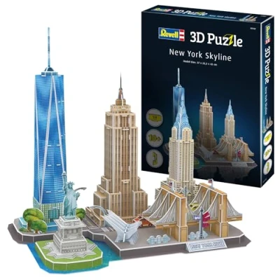 Bild av Revell 3D Puzzle 00142 New York Skyline med Empire State Building, Frihetsstaty och Brooklyn Bridge Upptäck världen i 3D, pysselkul för unga gamla, färgad