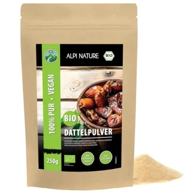 Bild av ekologiskt daddelsocker, daddelpulver från kontrollerad ekologisk odling, glutenfritt, laktosfritt, malda dadlar, laboratorietestat, vegan (250 GR)