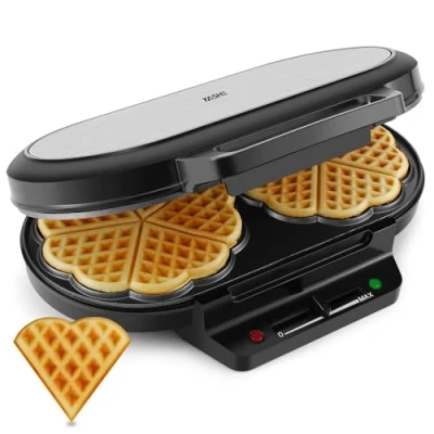 Bild av YASHE Klassiska Hjärtvåfflor, 10 Hjärtformade Våfflor med Non stick beläggning, 5 Justerbara Temperaturkontroller, Indikatorlampor, Anti överfyllnad, 1200W, Silver/Svart