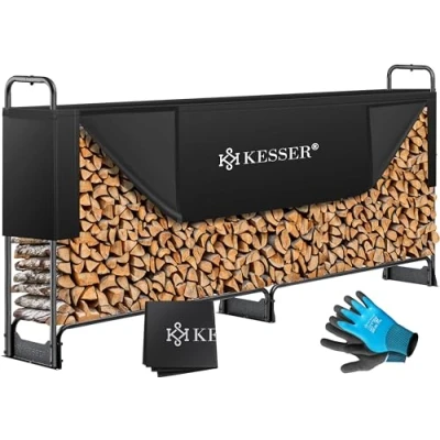 Bild av KESSER® Vedhylla i metall utanför stålram + skydd &amp; handskar 200 kg vattentät Träförvaring Trästaplingshjälp för trädgårdsterrass 260 x 36 117cm