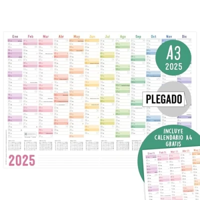 Bild av Häfft® Väggkalender 2025 A3 på spanska (29,7 x 42 cm) vikta &quot;Rainbow&quot;, väggplanerare med helgdagar + extra A4 kalender hållbar och klimatvänlig