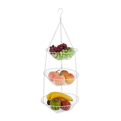 Bild av Relaxdays hängande fruktkorg, H x D: 73 28 cm, 3 våningar, stål, rund korg för frukt och grönsaker, fruktskål, vit