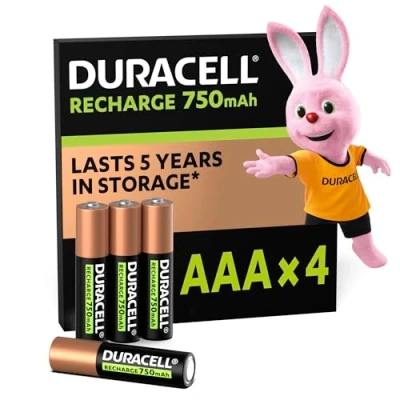 Bild av Duracell uppladdningsbara (4 pack), AAA batterier, 750 mAh NiMH, 1 000 cykler, förladdade, energi som håller länge, med en hållbar förpackning av 0% plast och 100% återvinningsbar