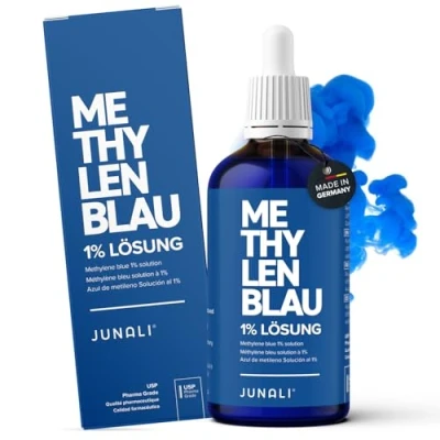 Bild av JUNALI® Methylene Blue lösning 1% USP farma kvalitet, 100 ml, tungmetallsfri, laboratorietestad. Tillverkad i Tyskland