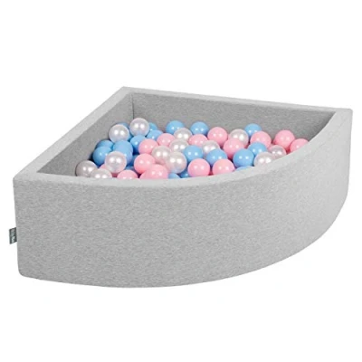 Bild av KiddyMoon Fjärdedelar kantig bollbad bollpool 90 x 30 cm/200 bollar Ø 7 cm bollgruvor för spädbarn lekbad småbarn, tillverkad i EU, ljusgrå: babyblå/puderrosa/pärla