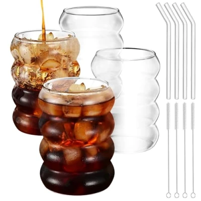 Bild av Maxentico 4 st glas kaffekoppar, 400 ml espressoglas, cappuccino koppar, transparent Borosilikatmugg med rengöringsborste och sugrör, för mjölk te fläckig whisky
