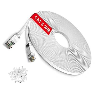 Bild av TBMax 10 m Ethernet kabel platt Cat6 hög hastighet Gigabit LAN nätverkskabel lång OFC RJ45 UTP internetpatchkabel för dator, PS5, modem, router, TV kompatibel med Cat5e Cat6a Cat7, vit