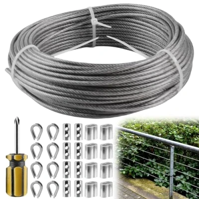 Bild av stålvajer 3 mm, 20 m stållina, rostfritt stål rep PVC mantlar sats, 304 med aluminiumhylsor, öglor, kabelkausar för hängande strängar, ljusledare, fiske