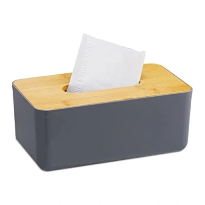 Bild av Relaxdays Näsdukslåda, påfyllningsbar, badrum, servettlåda, bambulock, plast, H x B D: 10 23 13 cm, grå/natur
