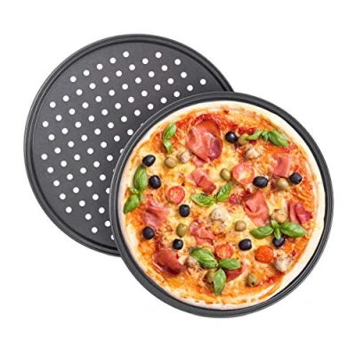 Bild av Relaxdays pizzablech, sats med 2 runt, förgyllt, antihäftande, pizza och flamkakor, kolstål, knusperblech, blomkruka: 32 cm, grå