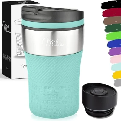 Bild av Milu thermo mugg isolerad kaffe to go 210 ml 100% läckagesäker drickmugg i rostfritt stål bilmugg dubbelväggig isolering termisk resemugg (Turkos, 210ml)