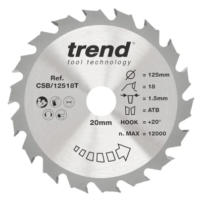 Bild av Trend Trådlöst sågblad i trä, diameter 125 mm, 20 mm borrning, 18 tänder, 1,5 sågdrag, krok +20, TCT, grov finish, CSB/12518T