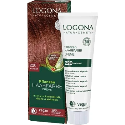 Bild av LOGONA Naturkosmetik växt hårfärg kräm 220 vinröd, röd natur med henna, vegansk färgkräm för permanent färgning, mild färgning glänsande hår, 150 ml