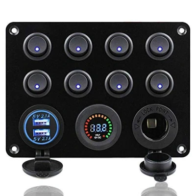 Bild av MASO 12 24 V 8 gängad vippströmbrytare, panel, dubbel USB uttag, laddare, blå LED, voltmeter, eluttag för bil båt marin husbil lastbil