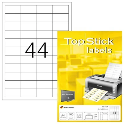 Bild av TopStick 8731 universella etiketter A4 små (48,3 x 25,4 mm, 100 ark, papper, matt) självhäftande, utskrivbara, permanenta adressetiketter, 4 400 klistermärken, vit