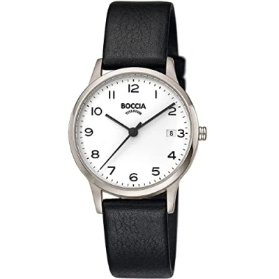 Bild av Boccia Damer analog kvarts klocka med äkta läderarmband 3310 01, svart, Rem