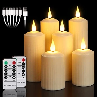 Bild av yunsheng Uppladdningsbara flamlösa ljus med fjärrtimer, in/utomhus vattentät LED flimrande pelarljus set 6 (D2 x H4/5,5/6,5 tum), batteridrivna elfenben plast romerska kolonn