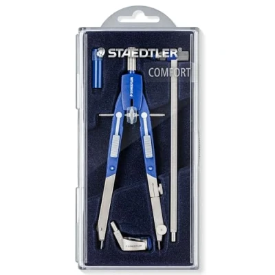 Bild av STAEDTLER Mars Comfort 552 02 kompassa, snabb justering med tryckknappar och spindelguide, exakt exakt, set förlängningsstång universaladapter, fodral lock
