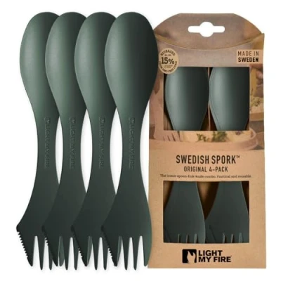 Bild av Light My Fire Spork Original 4 pack Återanvändbara Campingbestick Sked Kniv Gaffel Kombo för Camping Outdoor Vandring Picknick och Lunchlåda Lätta Kompakta Made in Sweden, SageGreen