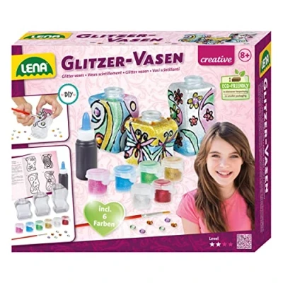 Bild av Lena 42693 pysselset, glittervaser, komplett set med 3 små plastflaskor 6 glittrande färger, målningspenslar, konturpasta och dekorativa stenar, glasmålningsset för barn från 8 år, svart