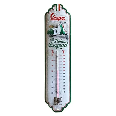 Bild av Nostalgic Art Analog termometer i retrostil, Vespa Italian Legend Presentidé för skoterfans, av metall, Deko vintagedesign, 6,5 x 28 cm