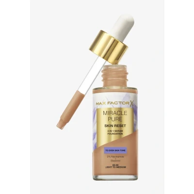 Bild av Max Factor Miracle Pure 2in1 Skin Reset Serum Foundation 6080, Light to Medium, Vegan Formula, Texturer, Medium täckning, Satin Matt Finish, Niacinamid och Bisabolol 30 ml
