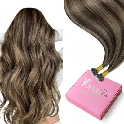 Bild av YoungSee nano pärlor hårförlängningar mörkbruna höjdpunkter karamell blond förlängningar brun spetsar kall fusion ringar mänskligt hår 40 cm 1 g/s