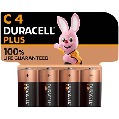 Bild av Duracell Plus C batterier (4 pack) Alkaliska 1,5 V 100 % garanterad brukstid Tillförlitlighet för vardagliga enheter Plastfri förpackning 10 års förvaring MN1400