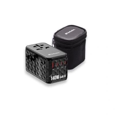 Bild av Verbatim GAN UTA‑10 Universell reseadapter (140 W, nätadapter med USB A och 3 C portar, snabbladdare för bärbar dator, mobiltelefon, kamera Co, resekontakt överallt
