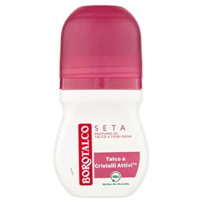 Bild av Borotalco, Silke Roll On Deodorant, Alkoholfri formel med aktiv kristall, trippelskydd, torrt skydd, talkdoft och rosa blommor, 48 h effektivitet 1 flaska på 50 ml
