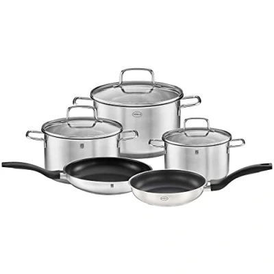 Bild av RÖSLE Basic Line startset 5 delar, 3 universella kastruller, 2 stekpannor, 18/10 rostfritt stål, med glaslock och hällkant, induktionssäker, diskmaskinssäker