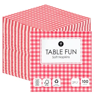 Bild av Talking Tables 100 x röda rutiga pappersservetter i bulk paket för födelsedag, bröllop, jul, catering, porslin, engångsbruk, återvinningsbar, tillverkad EU, 2 lager, 33 cm