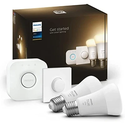 Bild av Philips Hue White startset med E27 lampor 2 pack (1 055 lm), Smart Button+ Bridge, LED varmt vitt ljus via ljussystem styrbart tal och app