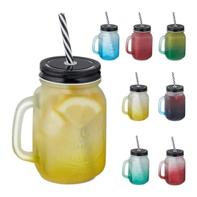 Bild av Relaxdays Dricksglas med lock och sugrör, set om 8, 400 ml, frostad look, sommarglas handtag, färgglad/svart