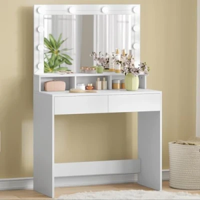 Bild av EUGAD sminkbord med justerbar LED belysning spegel, toalettbord vitt 2 lådor, 3 öppna fack, hylla, modernt för sovrum av trämaterial, 0053SZT