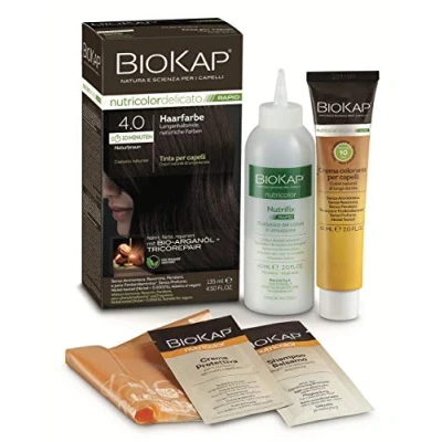 Bild av BIOKAP RAPID permanent hårfärg 4.0 naturbrun Endast 10 minuters verkningstid Ekologisk arganolja TricoREPAIR komplex Vegan Optimal täckning upp till 80% naturliga ingredienser