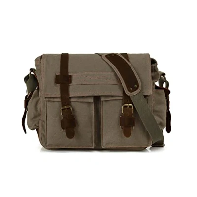 Bild av FANDARE Ny retro Messenger Bag axelväska 14 tums laptopryggsäckar män kvinnor väska Kurirväska multifunktionell canvas, Armégrön, L,