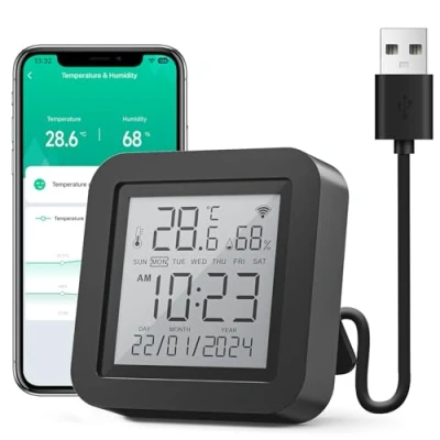Bild av GHome smart WLAN termometer hygrometer, infraröd fjärrkontroll, digital temperatur luftfuktighetsmätare med appmeddelandelarm, kompatibel Alexa och Google Assistant (1 pack)