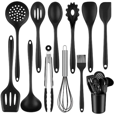 Bild av ROYOUZI Köksredskapsset, 22 delat silikonköksredskap, köksbestick set, non stick matlagningsset med redskapshållare, diskmaskinssäker svart