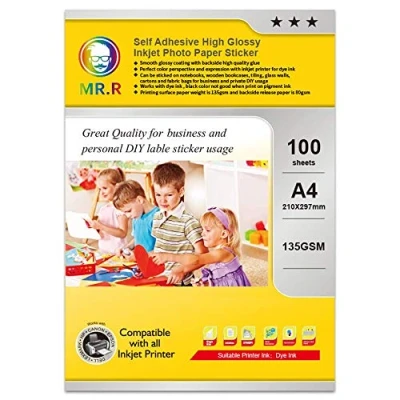 Bild av MR.R 135 gsm/m² bläckstråleskrivare A4 x 100 ark fotopapper glänsande självhäftande glanspapper högglans blanka etiketter för utskrifter i fotokvalitet tryckbar dekal