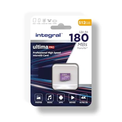 Bild av Integral 512 GB mikro SD kort 4K video läshastighet 180 MB/s och skrivhastighet 150 MicroSDXC A2 C10 U3 UHS I V30, vårt snabbaste micro minneskort med hög hastighet