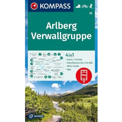 Bild av Carta escursionistica Kom 33. Arlberg, Verwallgruppe: 4in1 Wanderkarte mit Aktiv Guide und Detailkarten inklusive Karte zur offline Verwendung in der KOMPASS App. Fahrradfahren. Skitouren.