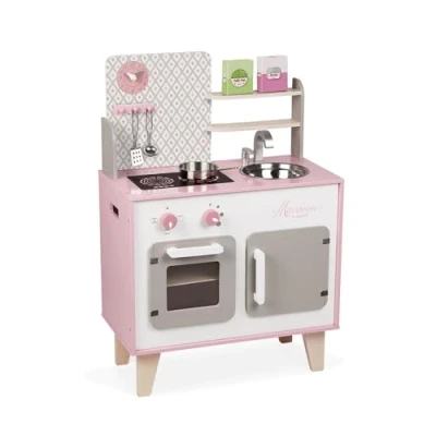 Bild av Janod Wooden Macaron Cooker For children Equipped With a Fridge and Microwave Sound Pretend Play 5 Accessories Included from the Age of 3, J06567, Pink White