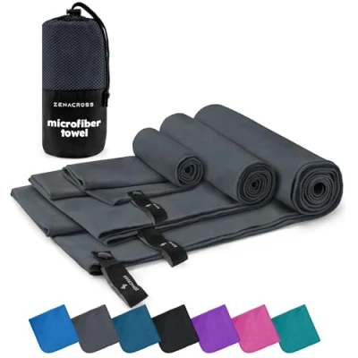 Bild av Zenacross mikrofiberhandduksset om 3 med bärväska Kompakt, snabbtorkande och absorberande sporthandduk Storlek XS, S, M Mörkgrå
