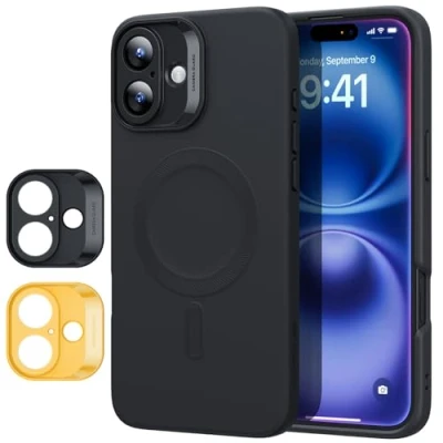 Bild av ESR iPhone 16 fodral med MagSafe, magnetisk laddning, mjukt silikonfodral, tunt stötsäkert fodral, fullt skärm och kameraskydd, repsäkert, mikrofiberfoder, svart