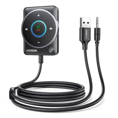 Bild av UGREEN Aux Bluetooth 5.4 adapter bil 3,5 mm jackmottagare multifunktionsknapp för handsfree samtal och trådlös musik, dubbel anslutning, RGB omgivningsljus, kompatibel med bilstereosystem