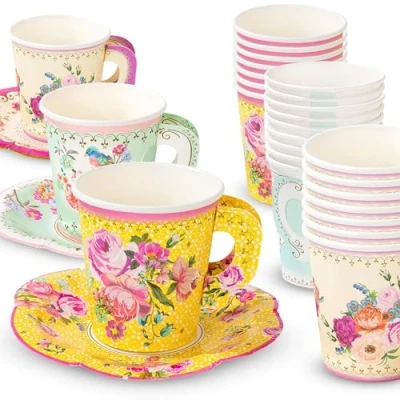Bild av Talking Table Lot de 12 gobelänger i papper Thème Floral, avec poignet et soucoupe, vintage, flerfärgad