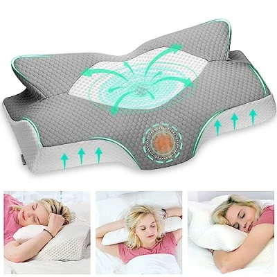 Bild av Elviros Cervical Contour Memory Foam Kudde för nacksmärta Ortopedisk nackkudde axelsmärta Ergonomiskt huvudstöd sido / rygg/abdominala, Med avtagbart kuddfodral (Grå)
